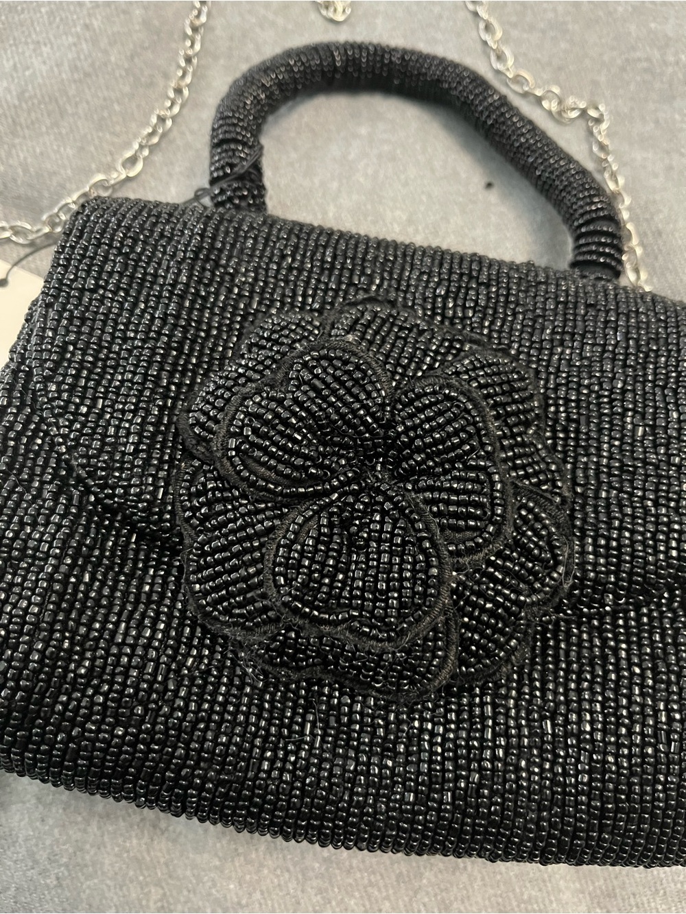 Rachel Zoe Black Beaded Mini Top-Handle Bag with Floral Applique